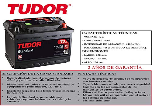 BATERIA TUDOR 70AH / 640A (EN) +D GAMA STANDARD 2 AÑOS DE GARANTIA COCHE FURGONETA SUV 4x4 MAXIMA CALIDAD MEDIDAS LARGO: 278mm ANCHO: 175mm ALTO: 190mm