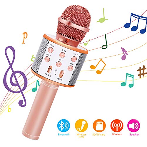 Bearbro Micrófono Inalámbrico Bluetooth，Micrófono Karaoke Bluetooth Portátil con Función Selfie para Niños Canta Partido Musica, Compatible con Android/iOS PC, AUX o Teléfono Inteligente (oro rosa)