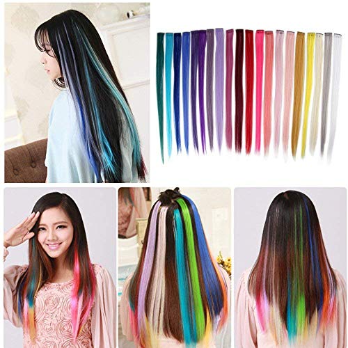 Beauty7 20pcs 20 inches Set de 20 Colores Pelucas Lacio Trenzas Color Extensiones de Cabello Clip Sintético Hair Extensions Accesorios de Pelo DIY Decoración Cosplay Fiestas Party