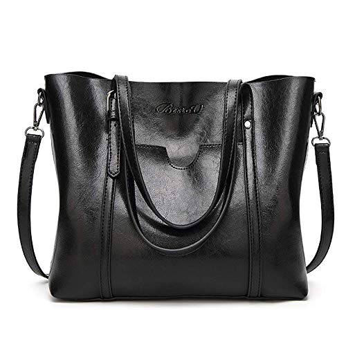 BestoU Bolsos Mujer Tote Grande De Hombro Bolsos Negro Piel Bandolera (Negro)