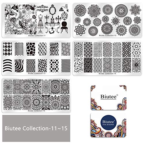 Biutee Estampacion Uñas 15 Placas de Stamping + 1 Sello de Silicona +2 Rascador +1 Bolsa de Almacenamiento（el Color Azar）