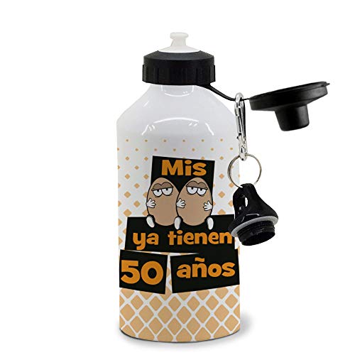 Botella de Aluminio 500 ml. con Dos Tapones. Mis Huevos ya Tienen 50 años. Regalo 50 cumpleaños