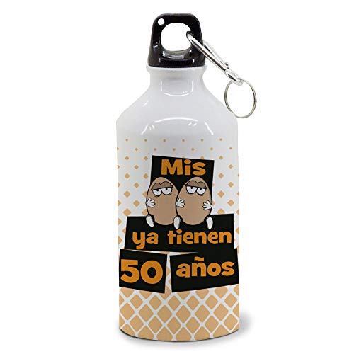 Botella de Aluminio 500 ml. con Dos Tapones. Mis Huevos ya Tienen 50 años. Regalo 50 cumpleaños