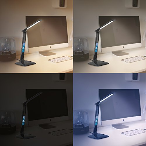 Brandson - Lámpara de Escritorio LED de Intensidad Regulable - protección Ocular – luz 3 Colores - 5 Niveles de luminosidad – Calendario y Alarma de Temperatura - Negro