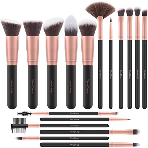 Brochas de Maquillaje EmaxDesign 17 piezas Pinceles de maquillaje professional fibra sintética para las cejas, base de maquillaje, polvos, crema, Set de brochas de maquillaje (Rose Golden)