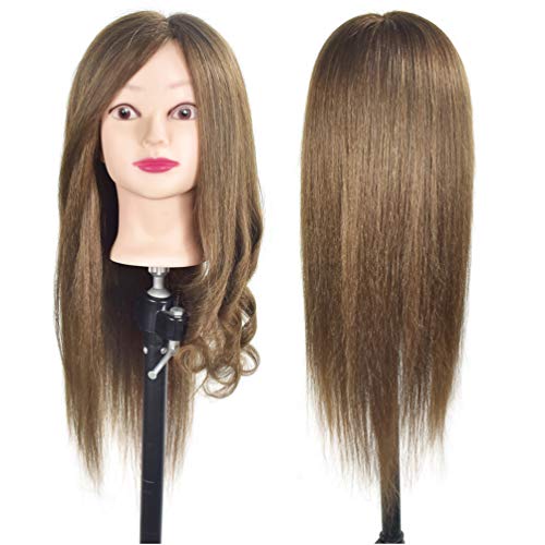 Cabeza de maniquí de entrenamiento para peluquería, pelo 100 % real de 50 cm - 55 cm de largo, soporte incluido