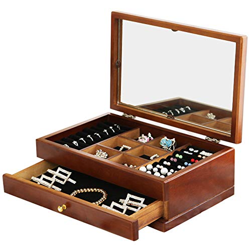 Caja De JoyeríA / Caja De Almacenamiento De JoyeríA MultifuncióN / Madera De Sicomoro, Tallada A Mano, Lujosa, CláSica, Exquisita, Con Espejo De Maquillaje / ColeccióN Y La Mejor OpcióN De Regalo