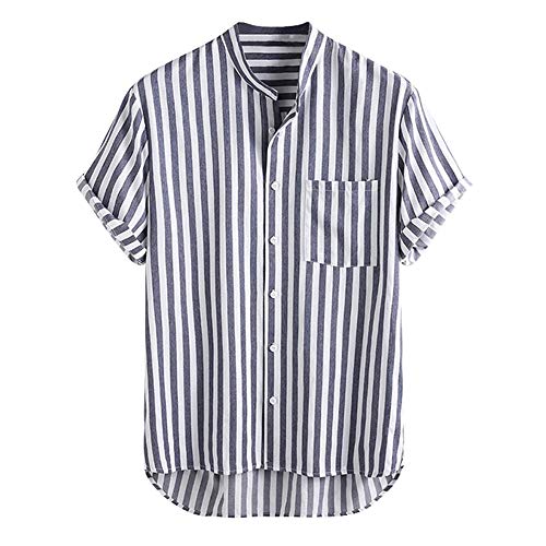 Camisas de algodón a Rayas para Hombres, Camisetas Casuales de Manga Corta, Botones completos, Camisa de Ocio, Solapa, Camisas Suaves Transpirables