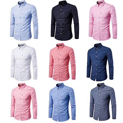 Camisas de Manga Larga para Hombres, Blusas Transpirables con Botones completos de algodón de Color sólido Camisas Delgadas con Solapa y Bolsillo Frontal