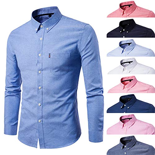 Camisas de Manga Larga para Hombres, Blusas Transpirables con Botones completos de algodón de Color sólido Camisas Delgadas con Solapa y Bolsillo Frontal