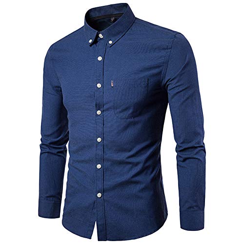 Camisas de Manga Larga para Hombres, Blusas Transpirables con Botones completos de algodón de Color sólido Camisas Delgadas con Solapa y Bolsillo Frontal