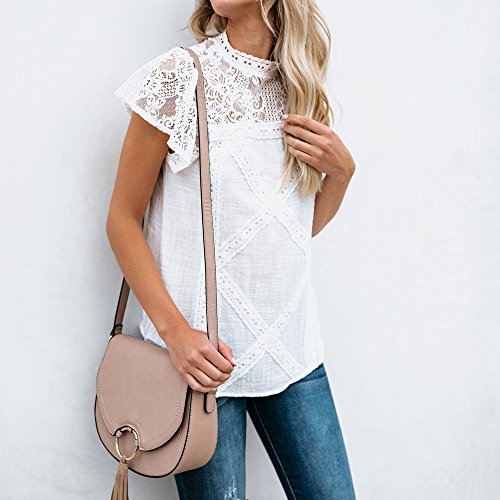 Camisetas Mujer SHOBDW Dia de la Mujer Verano Patchwork De Encaje Casual Ahuecar Volantes Manga Corta Suéter De Cuello De Tortuga Linda Blusa Floral Camiseta Blanca para Mujer(Blanco,L)