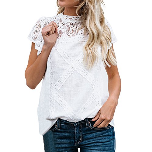 Camisetas Mujer SHOBDW Dia de la Mujer Verano Patchwork De Encaje Casual Ahuecar Volantes Manga Corta Suéter De Cuello De Tortuga Linda Blusa Floral Camiseta Blanca para Mujer(Blanco,L)