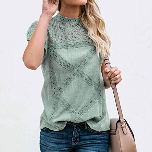 Camisetas Mujer SHOBDW Dia de la Mujer Verano Patchwork De Encaje Casual Ahuecar Volantes Manga Corta Suéter De Cuello De Tortuga Linda Blusa Floral Camiseta Blanca para Mujer (XL, Verde)