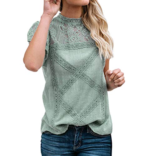 Camisetas Mujer SHOBDW Dia de la Mujer Verano Patchwork De Encaje Casual Ahuecar Volantes Manga Corta Suéter De Cuello De Tortuga Linda Blusa Floral Camiseta Blanca para Mujer (XL, Verde)