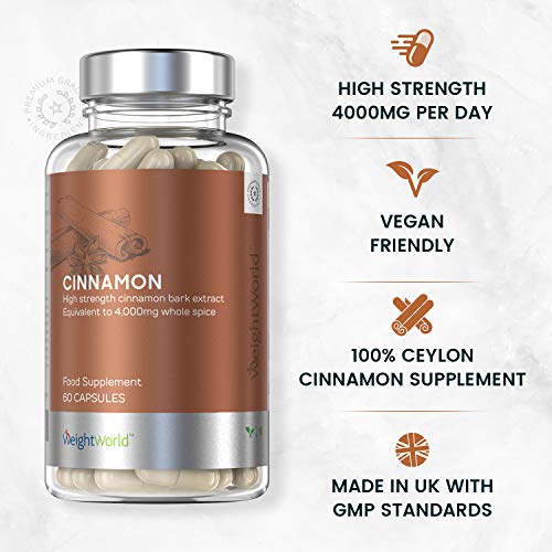 Canela de Ceilán Pura Dosis Potente de 4000mg | Antiinflamatorio Natural y Antioxidante con Vitaminas, Mejora Sistema Inmunológico, Suplemento Para Adelgazar, Para Veganos y Celiacos, 60 Cápsulas