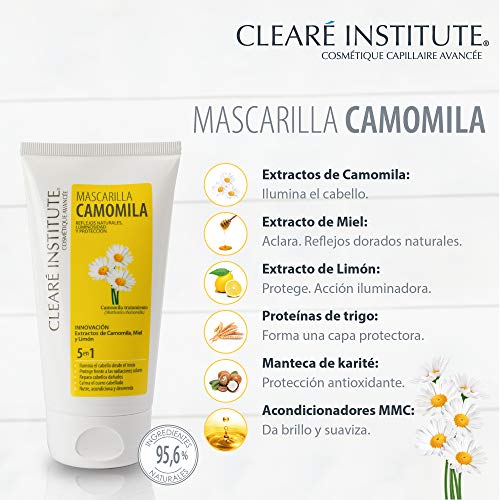 Clearé Institute - Mascarilla Camomila | Nutre, Acondiciona y Desenreda | Reflejos Dorados y Luminosidad | 95% Ingredientes Naturales | Calma el Cuero Cabelludo | Con Extracto de Camomila -150ml