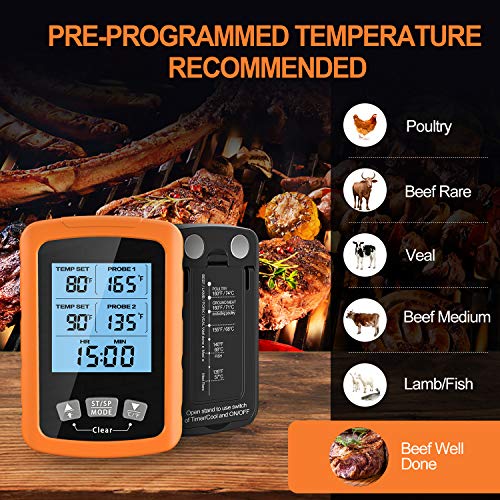 Cocoda Termometro Cocina, Termómetro Digital de Cocina Impermeable con Doble Sonda de 6.4" Largo & Lectura Instantánea, Retroiluminación LCD & Temporizador, Termometro Barbacoa para Horno Carne Comida