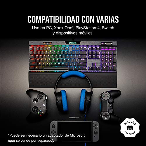 Corsair HS35 - Auriculares Stereo para Juegos (Membrana Neodimio de 50 mm, Micrófono Unidireccional Extraíble, Estructura Ligera, Compatible con Xbox One, PS4, Nintendo Switch y Móviles), Azul