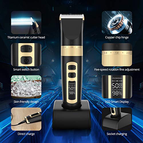 Cortapelos Profesional Hombres Silencioso,GEEKBES Máquina Cortar Pelo Impermeable Kit Cuchilla de Titanio y Cerámica Pantalla LED Velocidad constante-Inalámbrica Batería Recargable de Litio 2000mAh