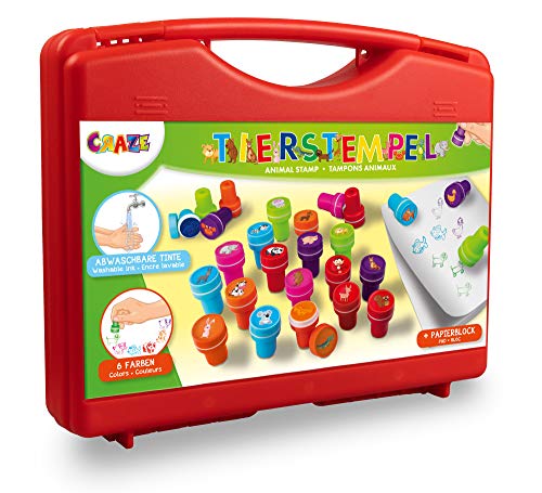 CRAZE- Estuche de estampillas Stamp Case 26 Sellos para niños con Estampado de Animales, Incluye un Bloque de Papel en una Caja-Tinta Lavable 17784, Multicolor , color/modelo surtido