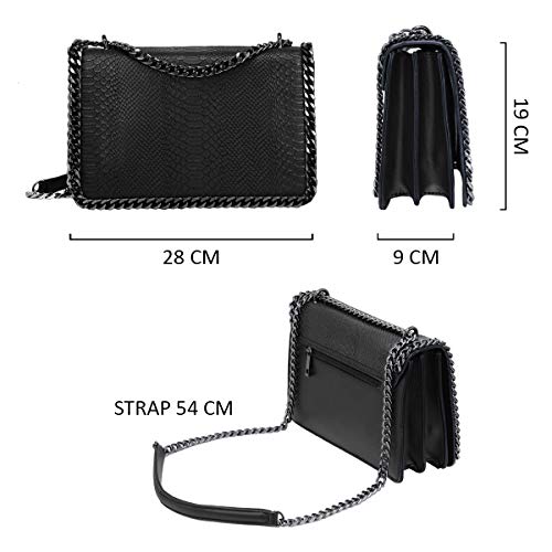 CRAZYCHIC - Bolso Serpiente Mujer - Bolso Bandolera Cadena Acolchado Piel Pitón Cuero PU Señora - Grande Mensajero Clutch Pochette Crossbody Bag - Bolso Cruzado Embrague Noche Negro