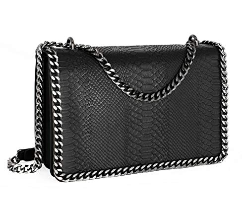 CRAZYCHIC - Bolso Serpiente Mujer - Bolso Bandolera Cadena Acolchado Piel Pitón Cuero PU Señora - Grande Mensajero Clutch Pochette Crossbody Bag - Bolso Cruzado Embrague Noche Negro