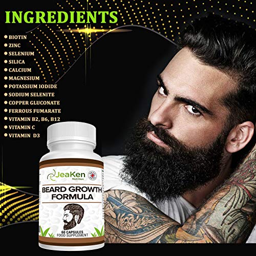 CRECIMIENTO BARBA CÁPSULAS - Vitaminas para el Cabello y Barba - Crece Barba y Crecimiento Cabello de la Manera Natural- Mezcla Superior de Vitaminas y Minerales con Biotina-60 Cápsulas Vegetarianas