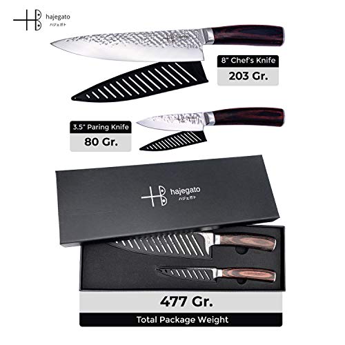 Cuchillos de chef japoneses Hajegato profesional de 8 pulgadas y cuchillo de cocina de 3.5 pulgadas, juego de cuchillos de cocina 7cr17,acero inoxidable alemán de alto carbono,2piezas sets