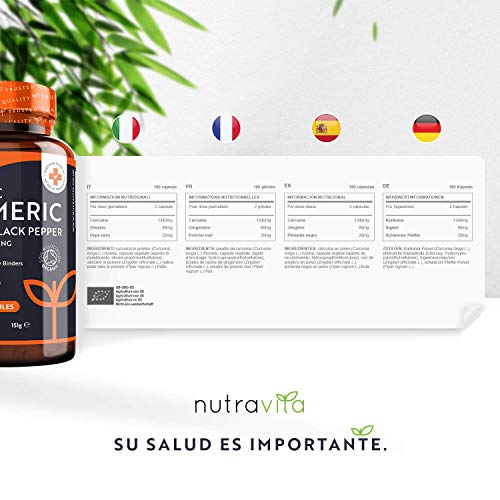 Cúrcuma Orgánica de 1440 mg con Pimienta Negra y Jengibre -180 Cápsulas Vegano de Alta Resistencia (Suministro para 3 Meses) - Fabricado en el Reino Unido por Nutravita