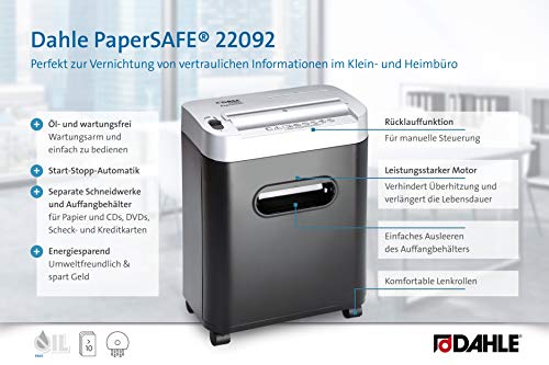 Dahle PaperSAFE 22092 - Destructora de papel (10 hojas, nivel P-4, papelera de 12 L), color negro y plateado