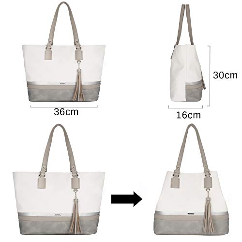 David Jones - Bolso de Hombro Grande Mujer - Tote Shopper Gran Capacidad Lona Suave Cuero PU Rayas - Bolsos de Mano Asa Larga Señora - Totalizador Casual Viaje Trabajo Escuela Diario Vida - Blanco