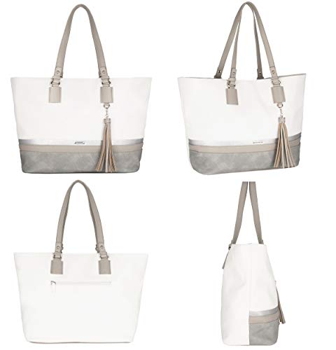 David Jones - Bolso de Hombro Grande Mujer - Tote Shopper Gran Capacidad Lona Suave Cuero PU Rayas - Bolsos de Mano Asa Larga Señora - Totalizador Casual Viaje Trabajo Escuela Diario Vida - Blanco