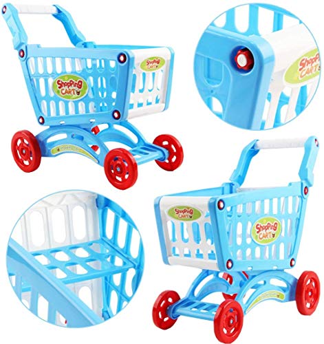 deAO Carrito de la Compra Infantil Incluye Variedad de 50 Productos de Mercado y Comestibles para Niños y Niñas (Azul)