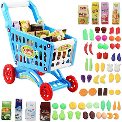 deAO Carrito de la Compra Infantil Incluye Variedad de 50 Productos de Mercado y Comestibles para Niños y Niñas (Azul)