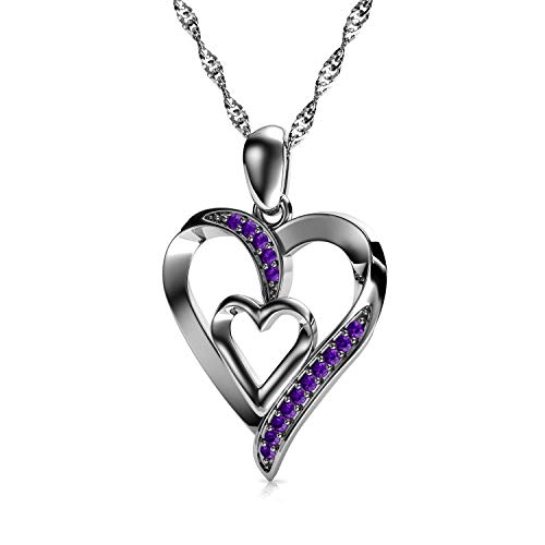 DEPHINI – Collar de corazón – Plata de ley 925 – Colgante de corazón doble amor – Cristales de circonia cúbica morada – Joyería fina collar de mujer – Cadena de plata chapada en rodio