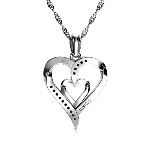 DEPHINI – Collar de corazón – Plata de ley 925 – Colgante de corazón doble amor – Cristales de circonia cúbica morada – Joyería fina collar de mujer – Cadena de plata chapada en rodio