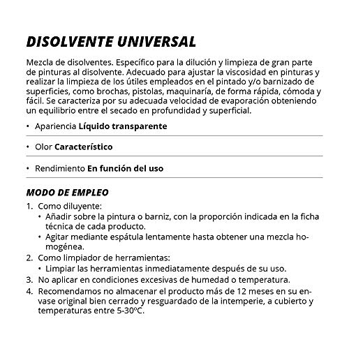 DISOLVENTE UNIVERSAL Diluyente de pintura, Esmaltes, Barnicez, Antioxidantes. Limpieza de herramientas. (1 Litro)