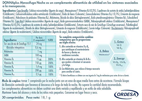 DonnaPlus Menocífuga Noche 30 comprimidos, complemento alimenticio para la mujer en la menopausia. Cimicífuga racemosa, Melatonina, GABA y Vitaminas K2, D3, B6, B9 y B12. 1 Cápsula por la noche.