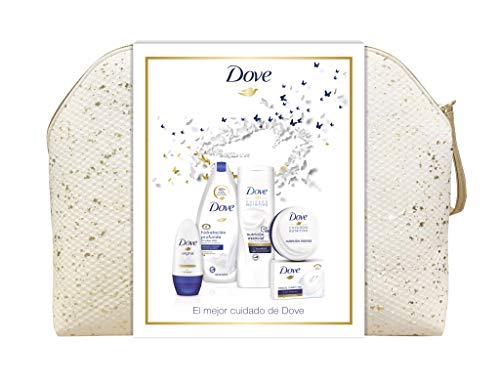 Dove Neceser Brillos Mujer - Gel Hidratación Profunda 500 ml + Loción Esencial 400 ml + Tarro Crema 75 ml + Roll On Original 50 ml + Pastilla de jabón 100 gr