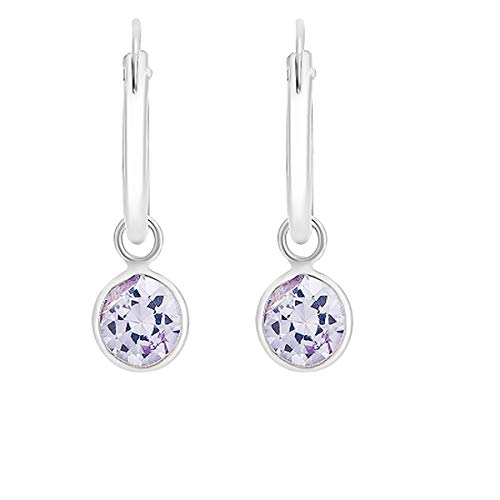 DTP Silver - Pendientes de Aro - Plata de Ley 925 con Cristal Swarovsky en forma redonda - Color: Lavanda - Espesor 1.2 mm, Diámetro 12 mm