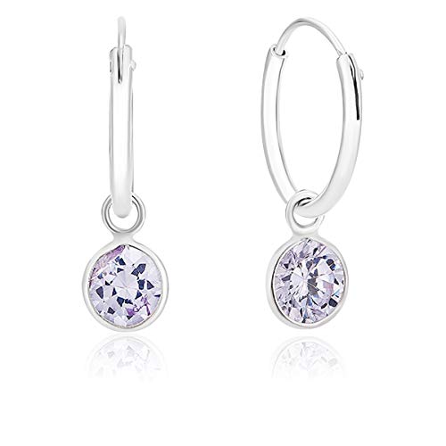 DTP Silver - Pendientes de Aro - Plata de Ley 925 con Cristal Swarovsky en forma redonda - Color: Lavanda - Espesor 1.2 mm, Diámetro 12 mm