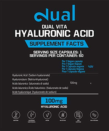 DUAL VITA Hyaluronic Acid | Ácido Hialurónico 100% Natural Para Hombres y Mujeres | 100mg x 60 Cápsulas Veganas | Suplemento Dietético 100% Natural Sin Aditivos| Certificado | Hecho En La UE