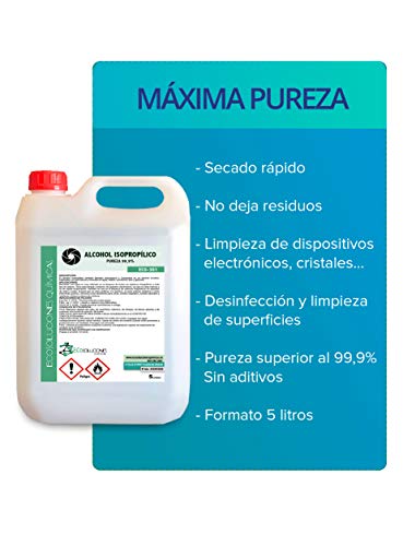 Ecosoluciones Químicas ECO-301 | 5 L | Alcohol Isopropílico 99,9% Puro | Limpieza componentes electrónicos, Objetivos, Pantallas. Desinfección y Limpieza Superficies. Incluye PULVERIZADOR 75 ML