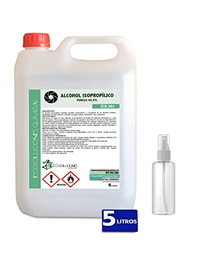 Ecosoluciones Químicas ECO-301 | 5 L | Alcohol Isopropílico 99,9% Puro | Limpieza componentes electrónicos, Objetivos, Pantallas. Desinfección y Limpieza Superficies. Incluye PULVERIZADOR 75 ML