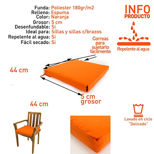 Edenjardi Pack 2 Cojines para sillas de jardín Color Naranja | Tamaño 44x44x5 cm | Repelente al Agua | Desenfundable | Portes Gratis