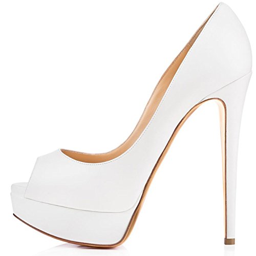 ELASHE - Zapatos para Mujer - Tacón de Aguja -15CM Peep Toe - 3CM Plataforma Tacones Mujer Fiestas Oficina Blanco EU38