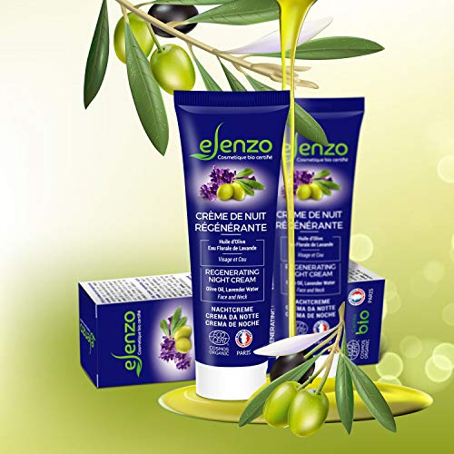 eLenzo • Crema de Noche Certificada BIO • Hidratante para Rostro y Cuello • Aceite de Oliva y Karité, Agua de Lavanda • COSMOS ORGANIC de ECOCERT • Hecha en Francia • Todo tipo de piel • 50ml