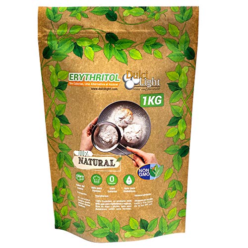 Eritritol 100% Natural Envase Ecologico 1Kg Edulcorante Cero Calorias. Ideal para Reposteria, y Dietas. DulciLight el Sabor Natural del Azúcar.