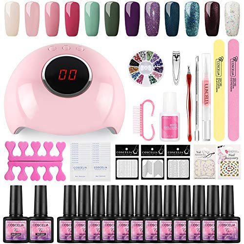 Esmaltes de Uñas 12pcs Kit de Esmaltes Semipermanentes para Uñas Soak off 8ml Lamparas 24W UV/LED para Uñas de Gel Base Coat Top Coat Accesorio de Mancura Pedicura Kit